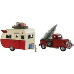 NIYLO Decoración vehículo caravana de navidad de acero rojo 73x19x28 cm
