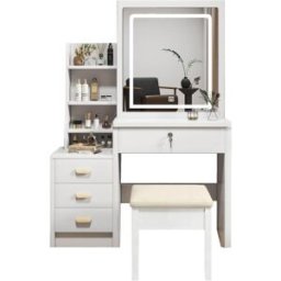 OKWISH Tocador infantil blanco con espejo LED, taburete y cajón 85x34x130 cm