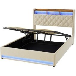 OKWISH Cama tapizada en terciopelo beige con soporte ergonómico 140x200 cm
