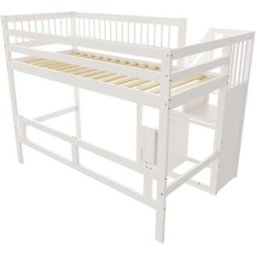 OKWISH Cama alta blanca de madera con escalera y almacenaje 90x200 cm
