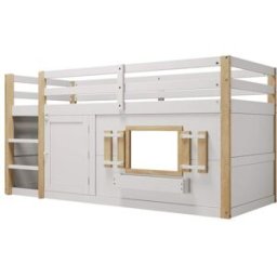 OKWISH Cama alta infantil blanca de madera con zona de juego 90x200 cm