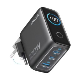 Cargador de Pared Anker 100W, Carga Rápida, Qi Pantalla inteligente, 2 USB-C, 1 USB-A, Negro