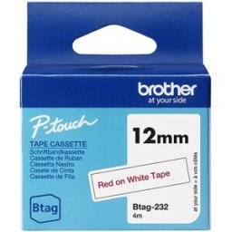 Brother Btag-232 cinta no laminada rojo sobre blanco 12 mm