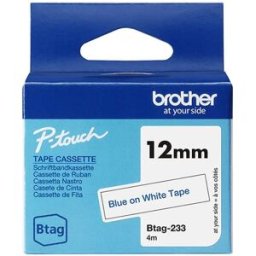 Brother Btag-233 cinta no laminada azul sobre blanco 12 mm