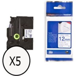 Brother TZe-FA3 cinta para la ropa 12mm texto azul sobre blanco (3M) (Pack 5 Unidades)