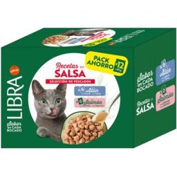 Libra Pack Sobres en Salsa Salmón y Atún para Gatos Adultos 12 x 85 gr