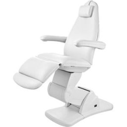 Sillón camilla de estética Front: Eléctrico con cuatro motores para controlar altura e inclinación del respaldo y reposapiés, reposabrazos abatibles y agujero facial