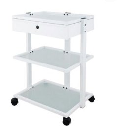Carrito multifuncional metálico blanco para fisioterapia, podología y estética: Equipado con dos estantes de cristal translúcido y cajón con llave