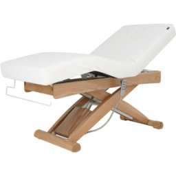 Camilla masaje eléctrica Cyx +: tres motores, colchón SuperSoft, tapizado PU blanco y acabado en madera natural