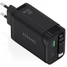 Aisens ASCH-65W3P071-BK - USB-C/USB-A - 65W - Negro - GaN - Cable retráctil integrado