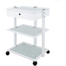 Carrito multifuncional metálico blanco para fisioterapia, podología y estética: Equipado con dos estantes de cristal translúcido y cajón con llave