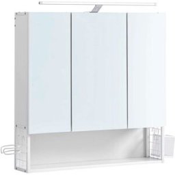 VASAGLE Armario de baño con espejo y luz led de color blanco y gris