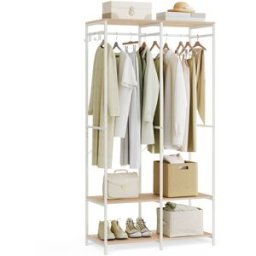 SONGMICS Armario de ropa portátil con barras de colgar de color beige y blanco