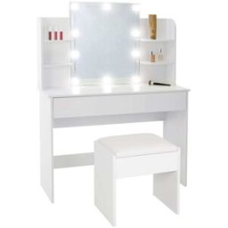 ECD Germany Tocador de maquillaje madera MDF blanco espejo LED, cajón y taburete