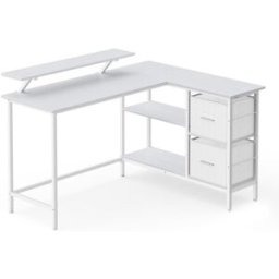 VASAGLE Escritorio con 2 estantes de acero de color beige y blanco