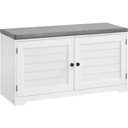 VASAGLE Banco zapatero con puertas y cojín de color blanco y gris