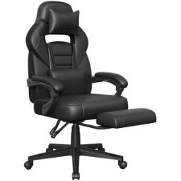 SONGMICS Silla gaming ergonómica con reposapiés de cuero sintético negro