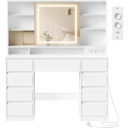 VASAGLE Tocador con espejo led y 9 cajones blanco