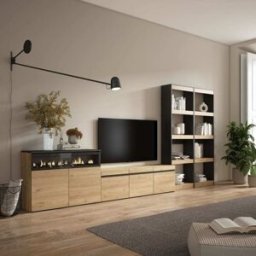Skraut home Mueble tv efecto madera roble y negro 370x35x186 chimenea efecto fuego