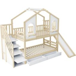 REDOM Litera infantil de madera natural y blanco 90x200 cm