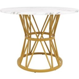Urban Meuble Mesa de comedor redonda con efecto mármol blanco y patas negras.