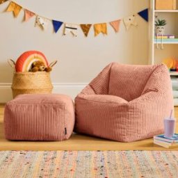 Icon Puf sillón infantil y reposapiés cuadrado a juego de pana rosa