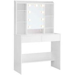 VASAGLE Tocador con espejo 9 bombillas led y 2 cajones de color blanco