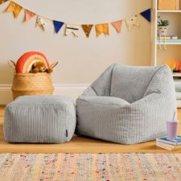 Icon Puf sillón infantil y reposapiés cuadrado a juego de pana gris claro
