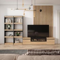 Skraut home Mueble tv efecto madera roble negro 320x35x186cm chimenea efecto fuego