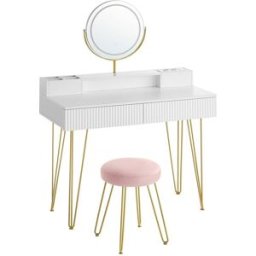 VASAGLE Tocador con taburete e iluminación de color blanco y dorado