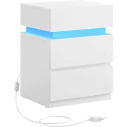 VASAGLE Mesita de noche con 3 cajones y luz led de color blanco