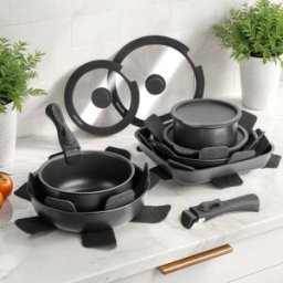 Tectake Set de 17 piezas, batería de cocina, aluminio, antiadherente, negro