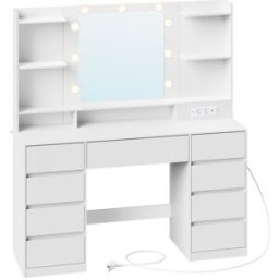 VASAGLE Tocador con espejo led y 9 cajones de color blanco