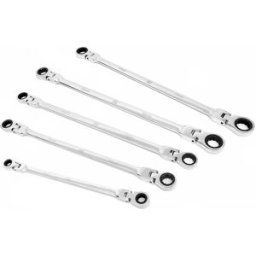 HBM Set Profesional de Llaves de Boca Extra Largas de 5 Piezas con Función de Trinquete y Cabezas Pivotantes 8 - 19 mm.