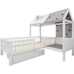 MODFU Cama infantil de madera blanca 90x200 cm con cajones