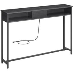 VASAGLE Mesa de consola delgada con multienchufe de color gris y negro