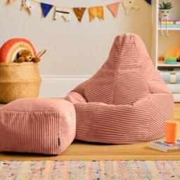 Icon Puf infantil con respaldo alto y reposapiés cuadrado de pana rosa