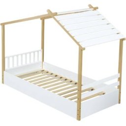 OKWISH Cama infantil blanco y natural de madera diseño casita 90x190 cm
