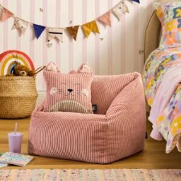 Icon Puf sillón infantil de pana rosa con cojín a juego de gato