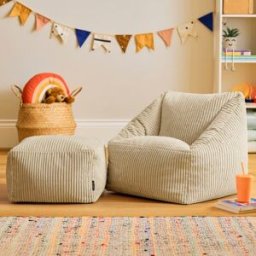 Icon Puf sillón infantil y reposapiés cuadrado a juego de pana beige