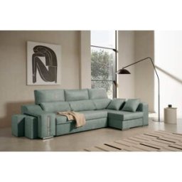 Velare Sofá cama chaise longue derecha con arcón de tela agua marina 264 cm
