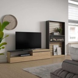 Skraut home Mueble tv efecto madera roble negro 310x35x186cm chimenea efecto fuego