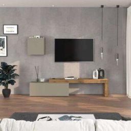Whous Conjunto de mueble tv 180/290 cm efecto madera color topo mate / roble