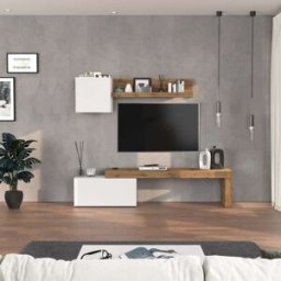 Whous Conjunto de mueble tv 180/260 cm efecto madera blanco brillo / roble
