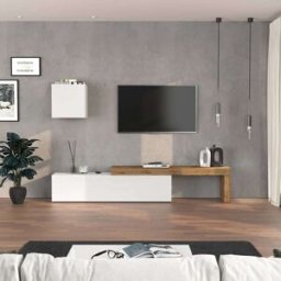 Whous Conjunto de mueble tv 190/350 cm efecto madera blanco brillo / roble