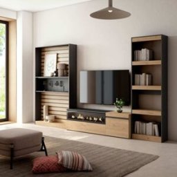 Skraut home Mueble tv efecto madera roble y negro 320x35x186 chimenea efecto fuego