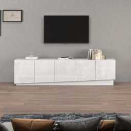 Whous Mueble tv con 5 puertas de 225 cm efecto madera color blanco brillo