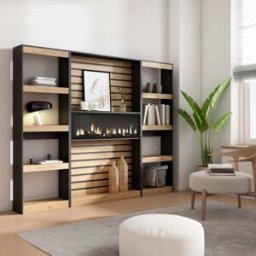 Skraut home Librería efecto madera roble y negro 230x25x186 chimenea efecto fuego