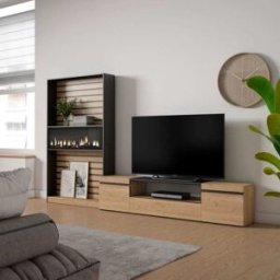 Skraut home Mueble tv efecto madera roble y negro 310x35x186 chimenea efecto fuego