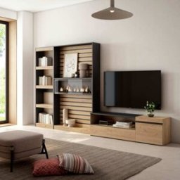 Skraut home Mueble tv efecto madera roble y negro 320x35x186 chimenea efecto fuego